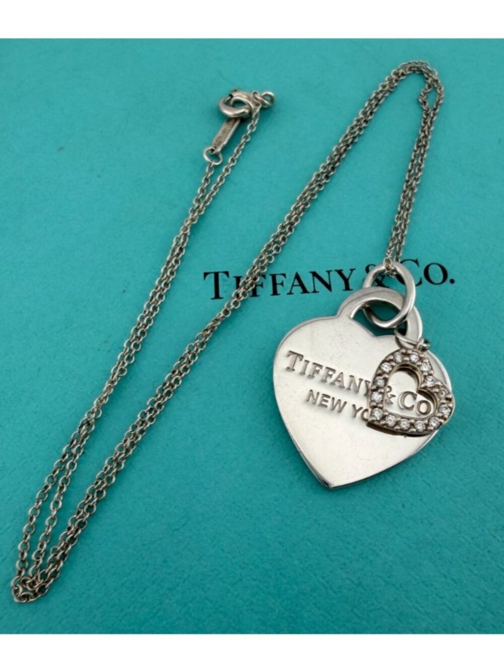 RARE Tiffany & Co. New York Diamond Double Heart Necklace Sterling Silver 16in